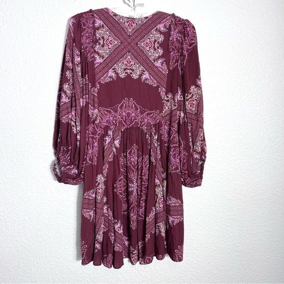 Free People Girl Talk Burgundy Tunic Top Paisley Balloon Sleeves Size XS Boho - Picture 6 of 9